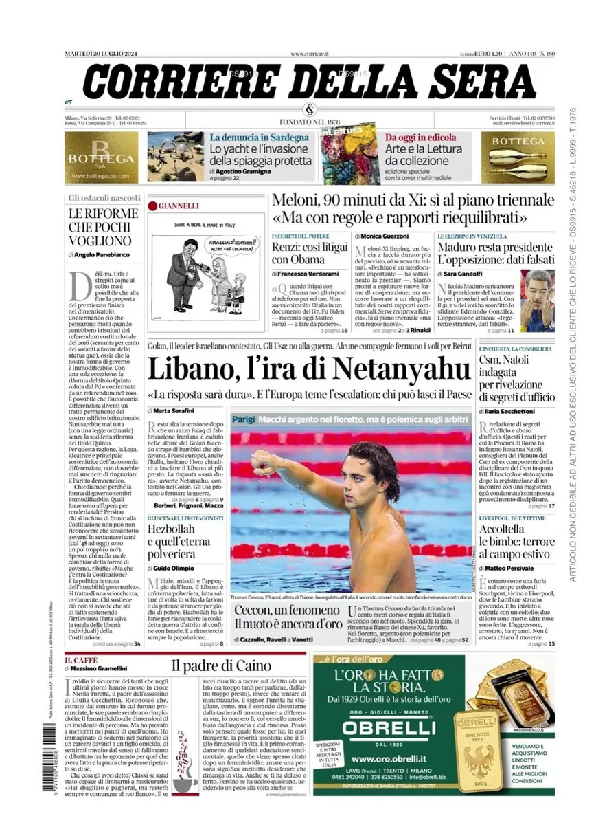 Corriere della Sera front page, 30 July 2024