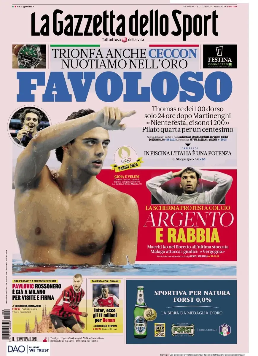 La Gazzetta dello Sport front page, 30 July 2024