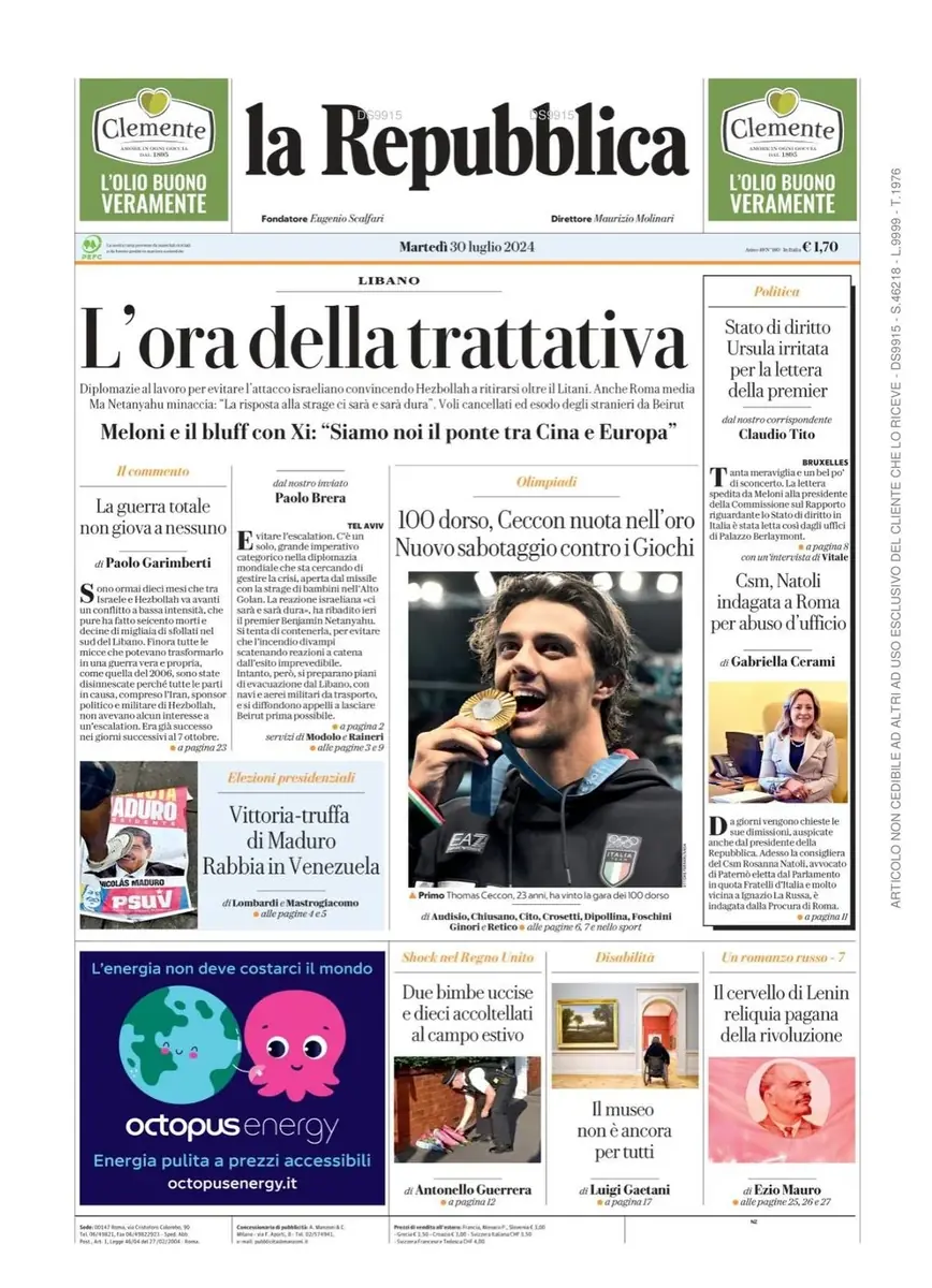 la Repubblica front page, 30 July 2024